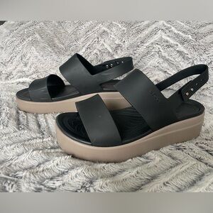 Crocs Brooklyn Low Wedge , black with tan sole, size 8.